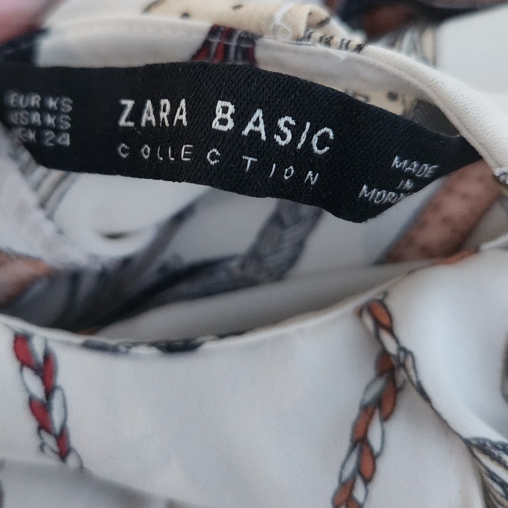 Zara Basic Collection Rope‎ Belt Tassels Print Top Blouse XS Extra Small - Picture 3 of 5